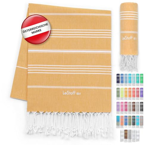 LeStoff Hamamtuch - 100% Bio-Baumwolle, 95 x 180 cm, Vorgewaschen, Saugstark, Schnelltrocknend, Leicht, Kompakt, Sandfrei, Strandtuch, Reisehandtuch, Badetuch, Handtuch groß, Liegetuch (Gelb)
