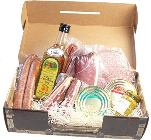 Schwarzwald Metzgerei - Geschenkset Brotzeit mit verschiedenen Wurtsspezialitäten, einem Gourmet-Senf und hervorragendem Williams Schnaps - 9-teilig