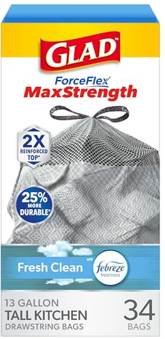 Glad ForceFlex MaxStrength Kitchen Trash Bags, 13 Gal, Fresh Clean Febreze, 34 Ct (Package May Vary)
