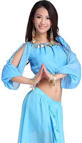 ZLTdream Damen Bauchtanz-Oberteil aus Chiffon, langärmelig, Blau, Einheitsgröße