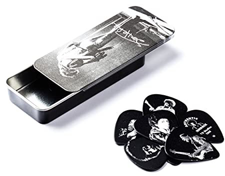 JIM DUNLOP Plektrum Jimi Hendrix, Silber Portrait, Stark, Schachtel aus Metall mit 12 Stück