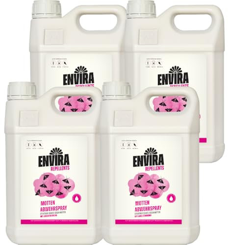 Envira Motten Abwehrspray 4 x 5 Liter - Spray mit Langzeitwirkung gegen Motten, Kleidermotten & Lebensmittelmotten - Mottenschutz für Kleiderschrank - Mittel gegen Motten in der Wohnung