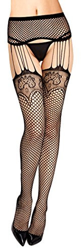 PrettyLoveHose Collant Bas Résille Large Porte Jarretelle Motif Floral