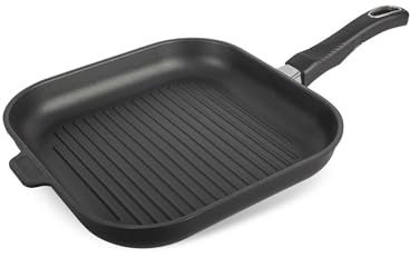 Original Gundel GUSS-QUADRAT-GRILLPFANNE INDUKTION flach, 28 x 28 cm, Höhe 4 cm, BIOTAN-Oberfläche, PFOA-frei, Akku-Therm Boden - abnehmbarer Designer-Stiel