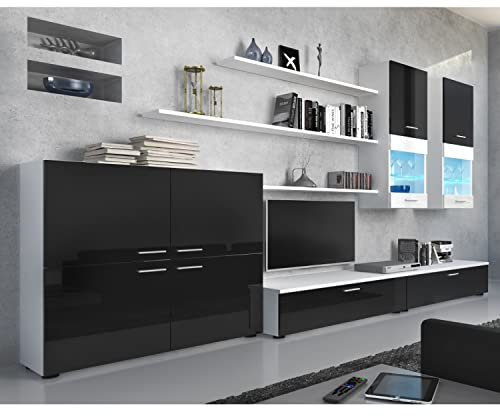 Skraut Home – Möbel für Wohnzimmer – 189 x 300 x 42 cm – LED-Beleuchtungssystem – Beta-Modell – große Speicherkapazität – moderner Stil – weiß/schwarzes Finish