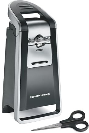 Hamilton Beach Smooth Edge Electric Automatic Can Opener for Kitchen with Easy Push Down Lever, Extra Tall, Includes Stainless Steel Scissors, Black and Chrome (76607)