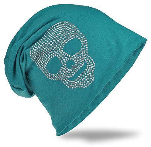 Jersey Slouch Beanie Long Mütze mit Totenkopf Strass Applikation Unisex Unifarbe Herren Damen Trend (One Size, Petrol)