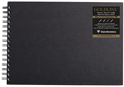 Clairefontaine 34255C Carnet Spiralé Goldline - 64 Feuilles Papier Dessin Blanc - A4 21x29,7 cm 140g - Format Paysage - Couverture Rigide Noire Imitation Toile