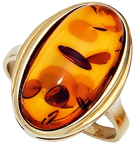 Jobo Damen-Ring breit aus 9 Karat 375 Gold mit Bernstein Oval Größe 58