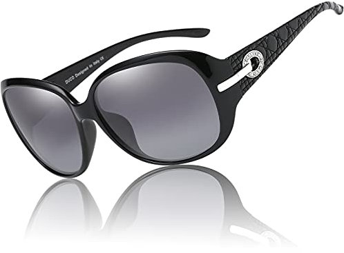 DUCO Women's Shades Classic Oversized Polarised Sunglasses 100% UV Protection 6214 Black Frame Gray Lens