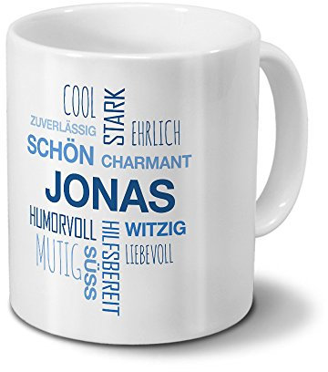 printplanet Tasse mit Namen Jonas Positive Eigenschaften Tagcloud - Blau - Namenstasse, Kaffeebecher, Mug, Becher, Kaffeetasse