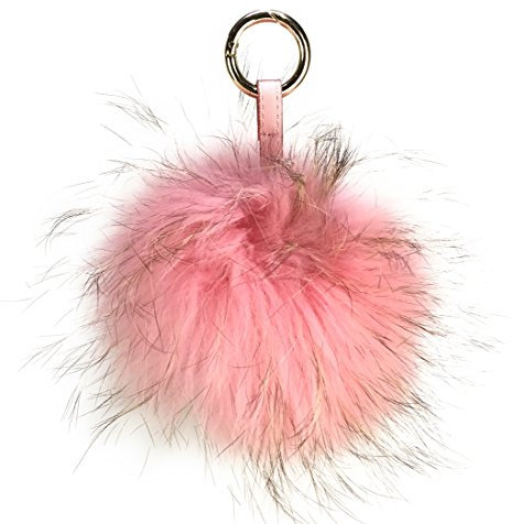 Realkontor XXL Taschenanhänger mit Lederband und Karabiner, Schlüsselanhänger Bommel Pelzbommel Pompon Pelz Fell Echtpelz, Zartrosé, XXL 16-20 cm Durchmesser