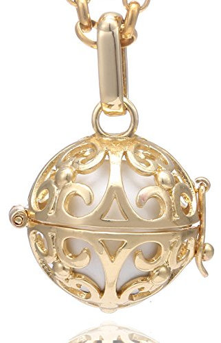 Morella Damen Halskette Edelstahl Gold 70 cm mit Ornament Anhänger Gold und Klangkugel weiß Ø 16 mm in Schmuckbeutel