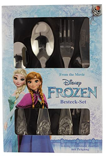 p:os 25650069 Frozen Die Eiskönigin - Kinderbesteck, 4-teiliges Besteckset mit Messer, Gabel, Suppenlöffel und Dessertlöffel, Essbesteck mit Prägung aus rostfreiem Edelstahl