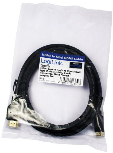 LogiLink CH0024 HDMI High Speed mit Ethernet (V1.4) Kabel, HDMI Type A 19-pin Male zu Mini HDMI Type C 19-pin Male, schwarz, 3M, polyTasche