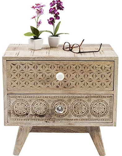 Kare Design Kommode Puro Klein, Nachttisch mit aufwendigen Schnitzereien, Nachtschrank aus Holz, Hellbraun (H/B/T) 46x50x35cm