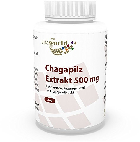 Vita World Mushroom Chaga Extract 500mg 100 Vegetarian Capsules Chagapilz Made in Germany