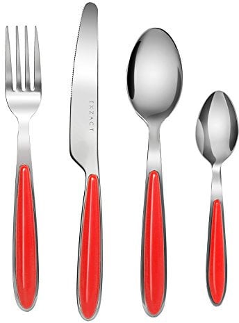 EXZACT Rostfrei Stahl Besteck Set einem Plastikhalter 24 PCS - Farbige Griffe - 6 Gabeln, 6 Messer, 6 Löffel, 6 Teelöffel - Rot (EX07 x 24)