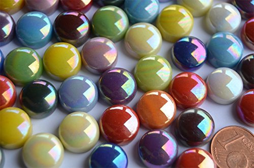 50g Mosaiksteine irisierend rund 12mm bunt Stärke 6mm, ca. 32St.