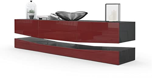 Vladon Lowboard City, Made in Germany, TV-Kommode mit Sockelelement, 1 offenem Fach und 3 Schubkästen, Schwarz Hochglanz/Bordeaux Hochglanz (178 x variabel x 39 cm)