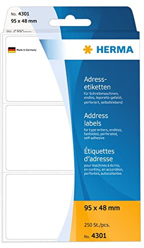 HERMA 4301 Adressetiketten für Schreibmaschinen, endlos, 95 x 48 mm, 250 Stück, selbstklebend, matt, leporello-gefalzt, blanko Papier Adressaufkleber Klebeetiketten Aufkleber, weiß