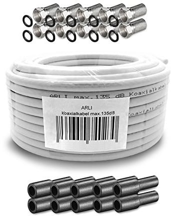 ARLI 50m Koaxialkabel – max. 135 dB 5-fach geschirmt UV-beständig + 10x F-Stecker & 10 Gummitüllen für DVB-S DVB-T2 4K HDTV