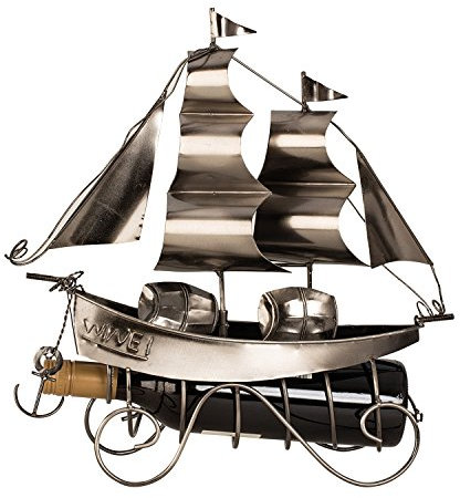Mel-O-Design Porte-Bouteille de vin Moderne Support en Bois métal Sailship en Argent Hauteur 38,5 cm