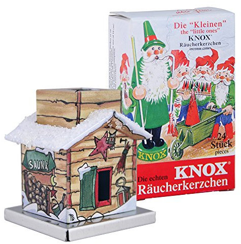 KNOX - Räucherhaus The Little One aus Metall für Räucherkerzen Größe S - Motiv: Sauna - Höhe: ca. 4,5 cm - Inklusive 24 Stück Räucherkerzen - Duftnote: Bunte Mischung