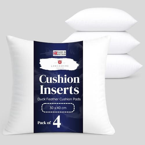Lancashire Textiles Cushion Pads Generously Filled With Ethically Sourced Duck Feathers Encased In Pure Cambric Cotton Cover 4 Pack 15 x 15 (38cm) - 100% Downproof Cotton Cover - Made in UK