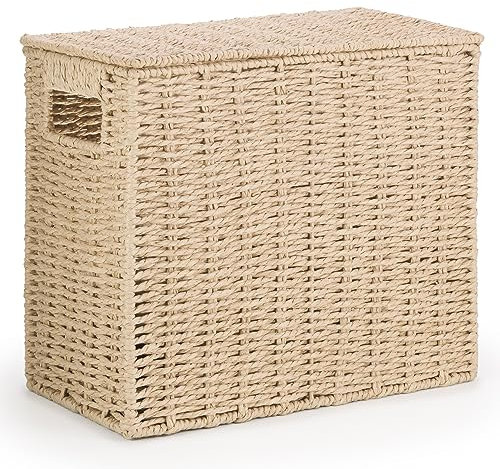 EHC Multi-Purpose Handwoven Slimline Paper Rope Bathroom Storage Unit, Toilet Roll Paper Cabinet, Compact Storage Box, Multi-Purpose Cleaning Caddy With Inbuilt Handles & Lid, Khaki, 35 x 18 x 30 cm