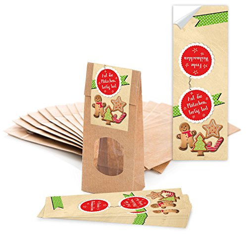 Logbuch-Verlag 25 braune Weihnachtstüten m. Fenster u. Folieneinlage + Weihnachtsaufkleber Weihnachtsplätzchen lebensmittelechte Verpackung Gebäck Pralinen Tee Kaffee