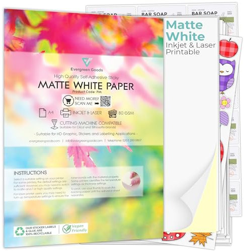 Evergreen Goods A4 100 Blatt 80 gsm | Selbstklebendes klebriges mattes weißes Papier zum Bedrucken | Papier für Tintenstrahl- und Laserdrucker | Stark klebender Papieraufkleber