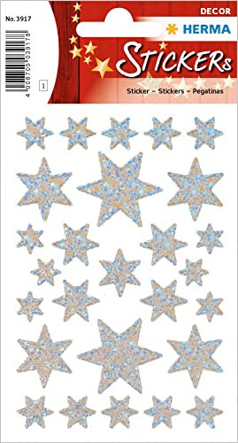 HERMA 3917 Aufkleber Sterne Glitzer Silber, 27 Stück, Stern Sticker aus Hologramm Folie, Weihnachtssticker Sternaufkleber für Weihnachten Geschenke Adventskalender Dekoration Kinder Belohnung Basteln