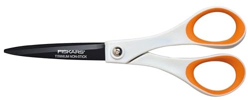 Fiskars Antihaft-Universalschere, Länge: 18 cm, Für Rechts- und Linkshänder, Titan-Beschichtung/Rostfreie Stahl-Klinge/Kunststoff-Griffe, Weiß/Orange, 1004720