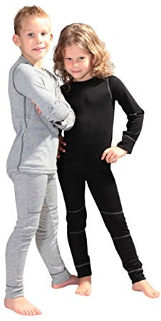 icefeld® - atmungsaktives Thermo-Unterwäsche Set für Kinder - warme Wäsche aus langärmligem Oberteil + Langer Unterhose: grau in Größe 98/104