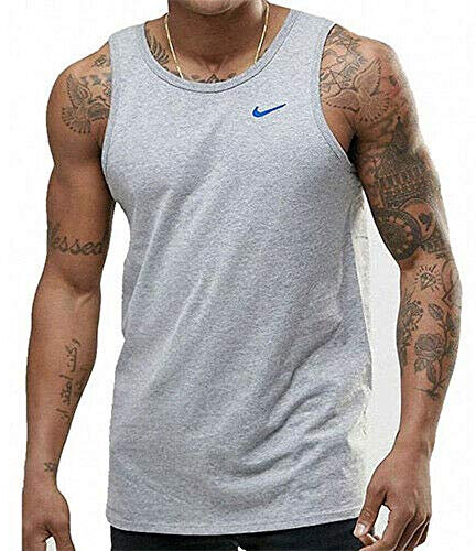 Nike men's grey swoosh logo cotton muscle fit sleeveless sports vest (Small)