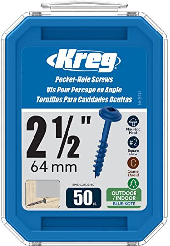 KREG Blue Kote beschichtete Taschenlochschraube, 64 mm Schraubenlänge, Grobgewinde, 50 Stück Packung - Perfekt für Holzprojekte im Außenbereichbereich