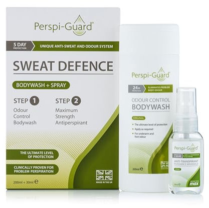 Perspi-Guard Sweat Defence Odour Control Body Wash & Maximum Strength Antiperspirant - Antibacterial Shower Gel & Anti Perspirant Deodorant for Men & Women for Excessive Sweating - 200ml & 30ml