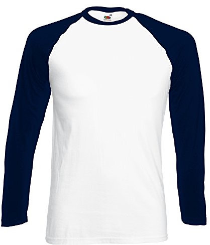 Fruit of the Loom Men's Baseball Long-Sleeved T-Shirt, White/Deep Navy, XL