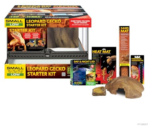 Exo Terra Terrarium aus Glas, Leopard Gecko Set, mit einzigartiger Front Belüftung, inkl. Day and Night LED Beleuchtung, Heizmatte, Sand Matte, Thermometer, Wasserschale und Versteck, 45 x 45 x 30cm