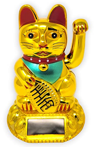 Starlet24® Winkende Glückskatze Winkekatze Lucky Cat Maneki-Neko Winkende Japanische Maneki-Neko (Gold mit Solarzellen, 12cm)