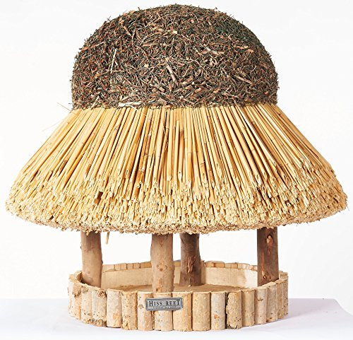 Hiss Reet® Vogelfutterhaus, Vogelhaus - mit Reetdach I Futterhaus für Vögel aus Eukalyptus Holz I Sylt I ideal für Balkon und Garten I wetterfest (L - ca. 58 cm Traufe)