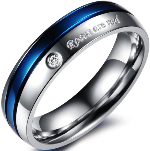JewelryWe Ringe Herren Zirkonia Edelstahl: 6mm Breite Edelstahl Herren-Ring, mit Roses Are red Gravur Partnerringe Eheringe Verlobung Hochzeit Band Blau Silber Größe 59