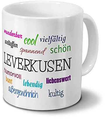 digital print Städtetasse Leverkusen - Motiv Positive Eigenschaften - Stadt-Tasse, Kaffeebecher, Mug, Becher, Kaffeetasse - Farbe Weiß