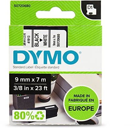 5 x Dymo D1 Standard Kennzeichnung Tape 40913 (S0720680) 9 mm x 7 m, schwarz auf weiß