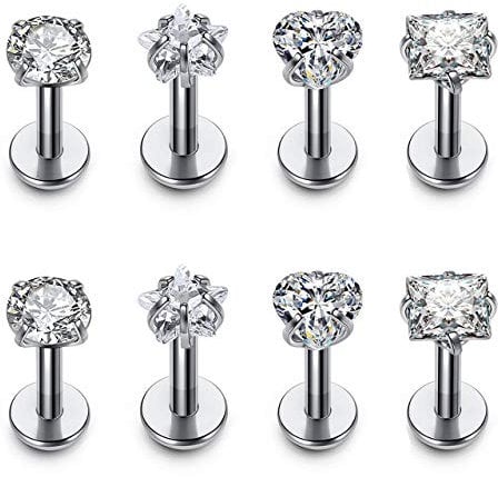 4 Pairs Cubic Zirconia Tragus Cartilage Helix Piercing Earrings Studs 1.3mm Gauge Stainlss Steel Flat Back