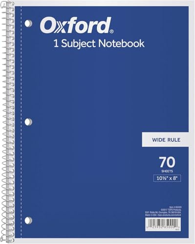 Tops Oxford 65000 Spiralblock, breites Lineal, 20,3 x 26,7 cm, hellweißes Papier, 70 Blatt pro Buch, Farbe des Einbandes kann variieren, ein Notizbuch (65000)