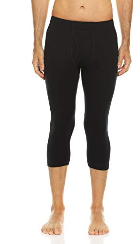 Merino Wool Three Quarter Skiing Base Layer Pants - Men's Thermal Bottoms - Black - Large