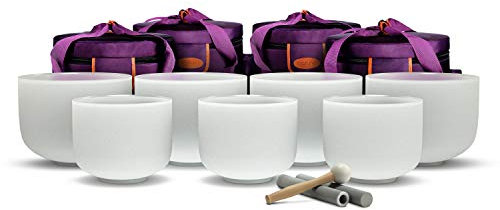 TOPFUND Chakra Set of 7 Crystal Singing Bowls 8-10 inch with Four Heavy Duty Carrying Cases and Singing Bowl Mallets