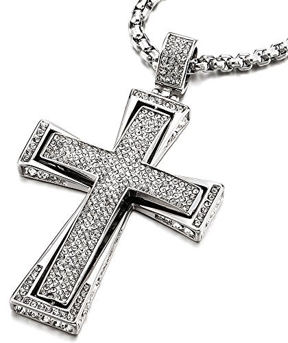 COOLSTEELANDBEYOND Kreuz Anhänger mit Zirkonia, Herren Damen Edelstahl Halskette 75cm Stahl Kugelkette